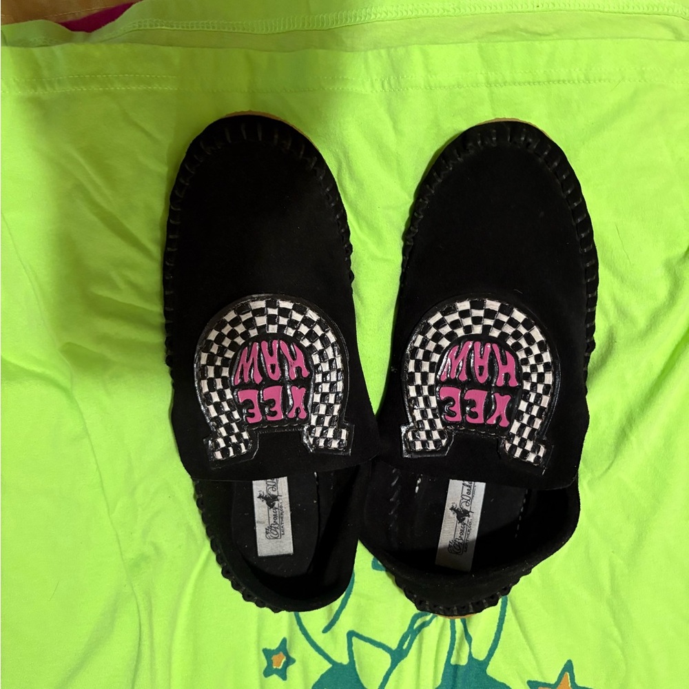 Trendy Black Moccasins with Checkered Design